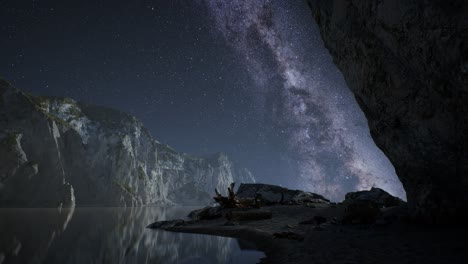 Hiperlapso-De-Cielo-Estrellado-Nocturno-Con-Playa-De-Montaña-Y-Océano-En-Lofoten-Noruega